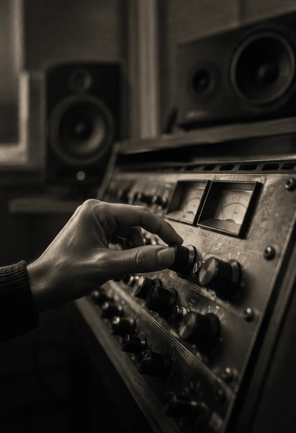 An engineer making precise adjustments to mastering equipment.