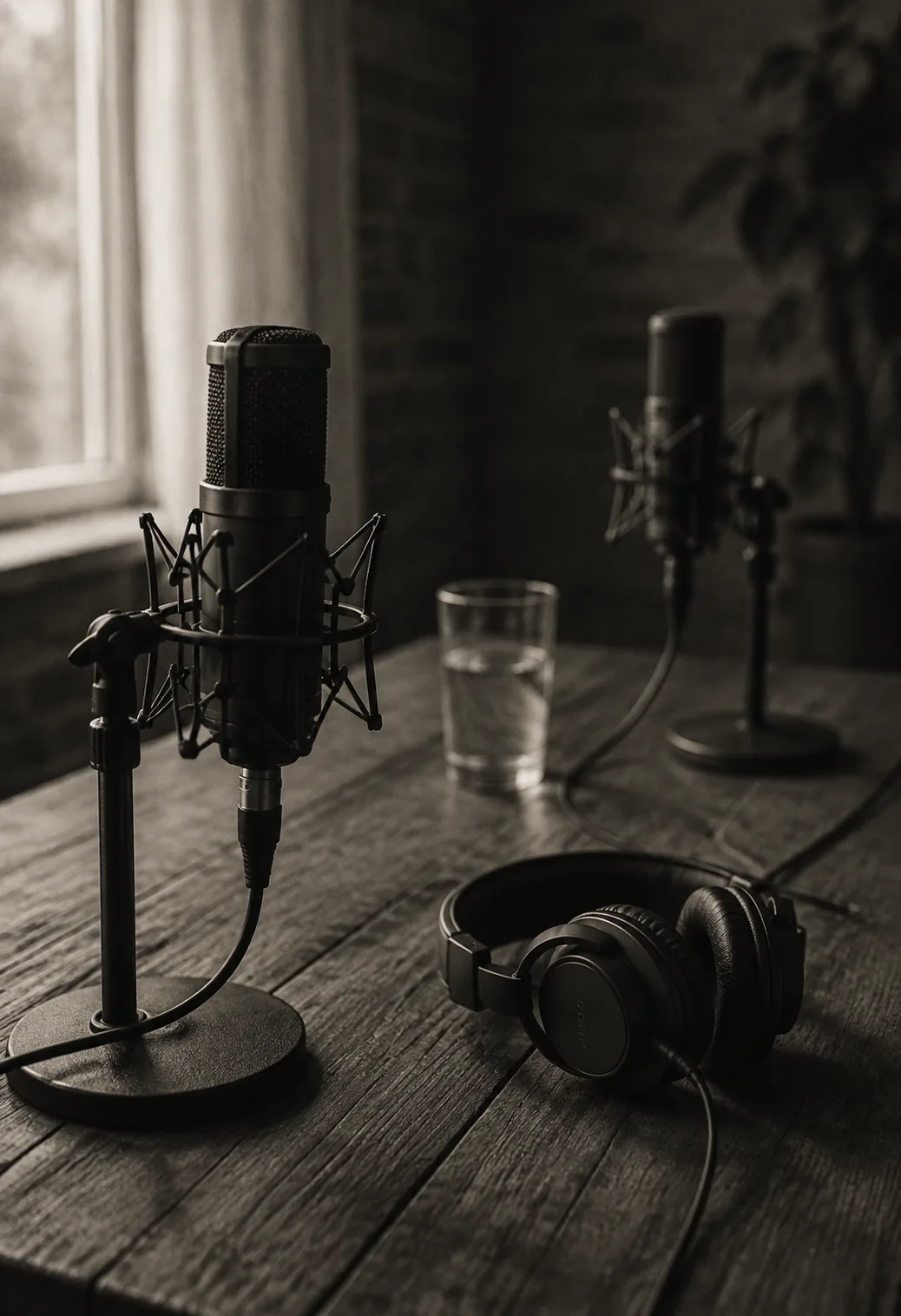 Microphones set for a conversation, illustrative photography