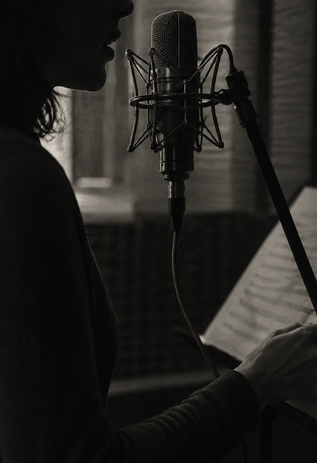 A vocalist recording beside a studio microphone and music stand.
